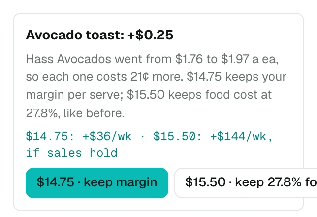 Avo's menu price suggestion after an avocado price rise